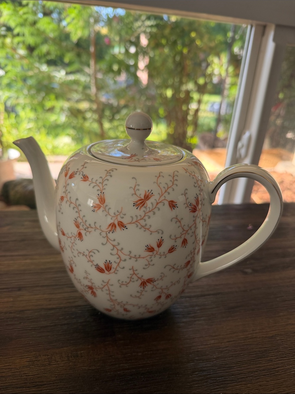 Porcelain Floral Teapot - White with Orange Floral Motif